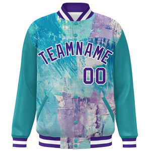 Custom Aqua Purple-White Tie Dye Ink Paint Varsity Graffiti Pattern Letterman Jacket