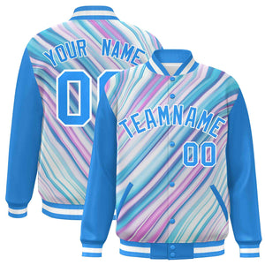 Custom Powder Blue White Tie Dye Ink Paint Varsity Graffiti Pattern Letterman Jacket