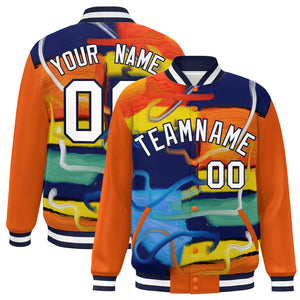 Custom Orange Navy-White Tie Dye Ink Paint Varsity Graffiti Pattern Letterman Jacket