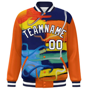 Custom Orange Navy-White Tie Dye Ink Paint Varsity Graffiti Pattern Letterman Jacket