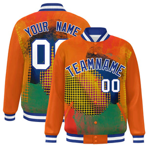 Custom Orange Royal-White Tie Dye Ink Paint Varsity Graffiti Pattern Letterman Jacket