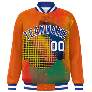 Custom Orange Royal-White Tie Dye Ink Paint Varsity Graffiti Pattern Letterman Jacket