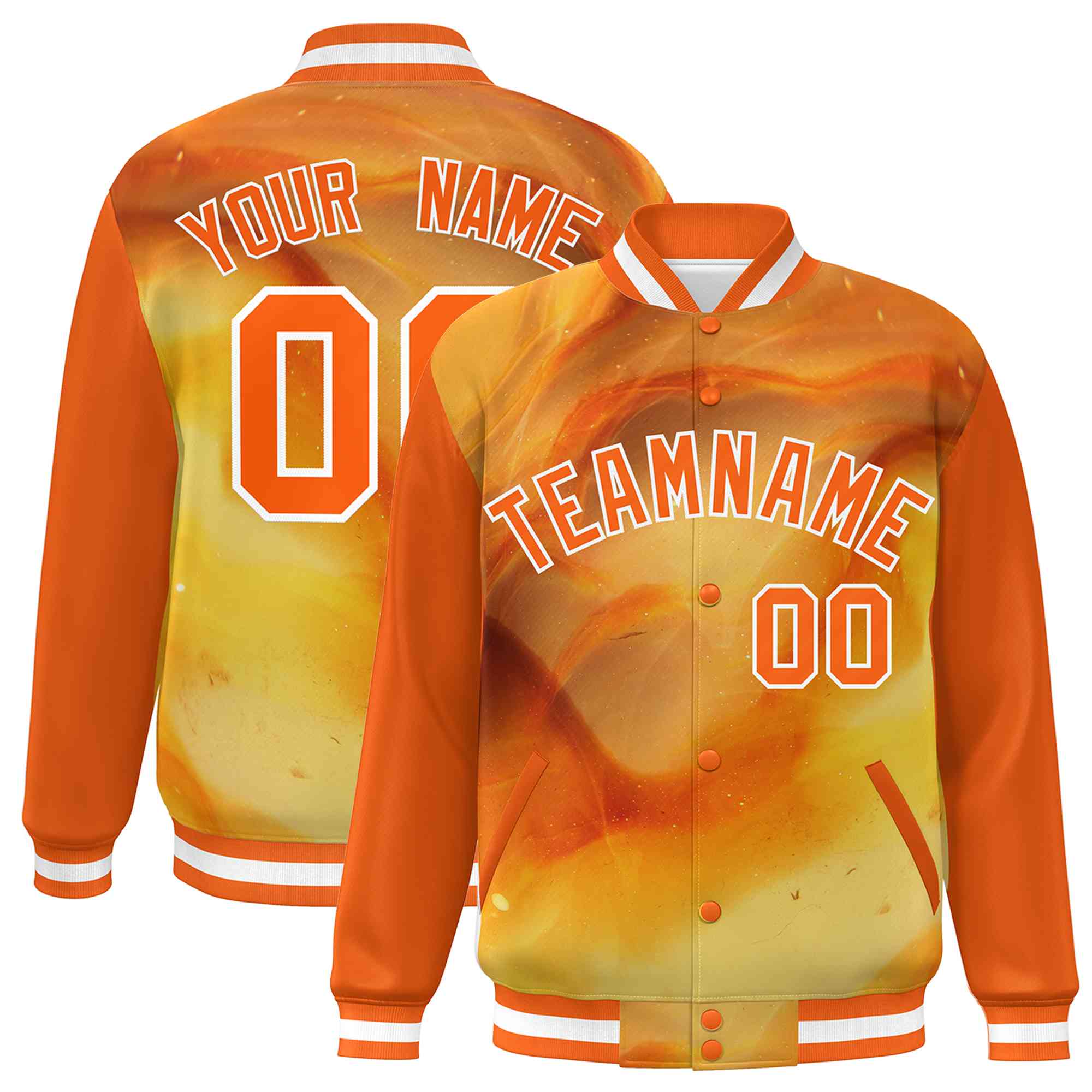 Custom Orange White Tie Dye Ink Paint Varsity Graffiti Pattern Letterman Jacket