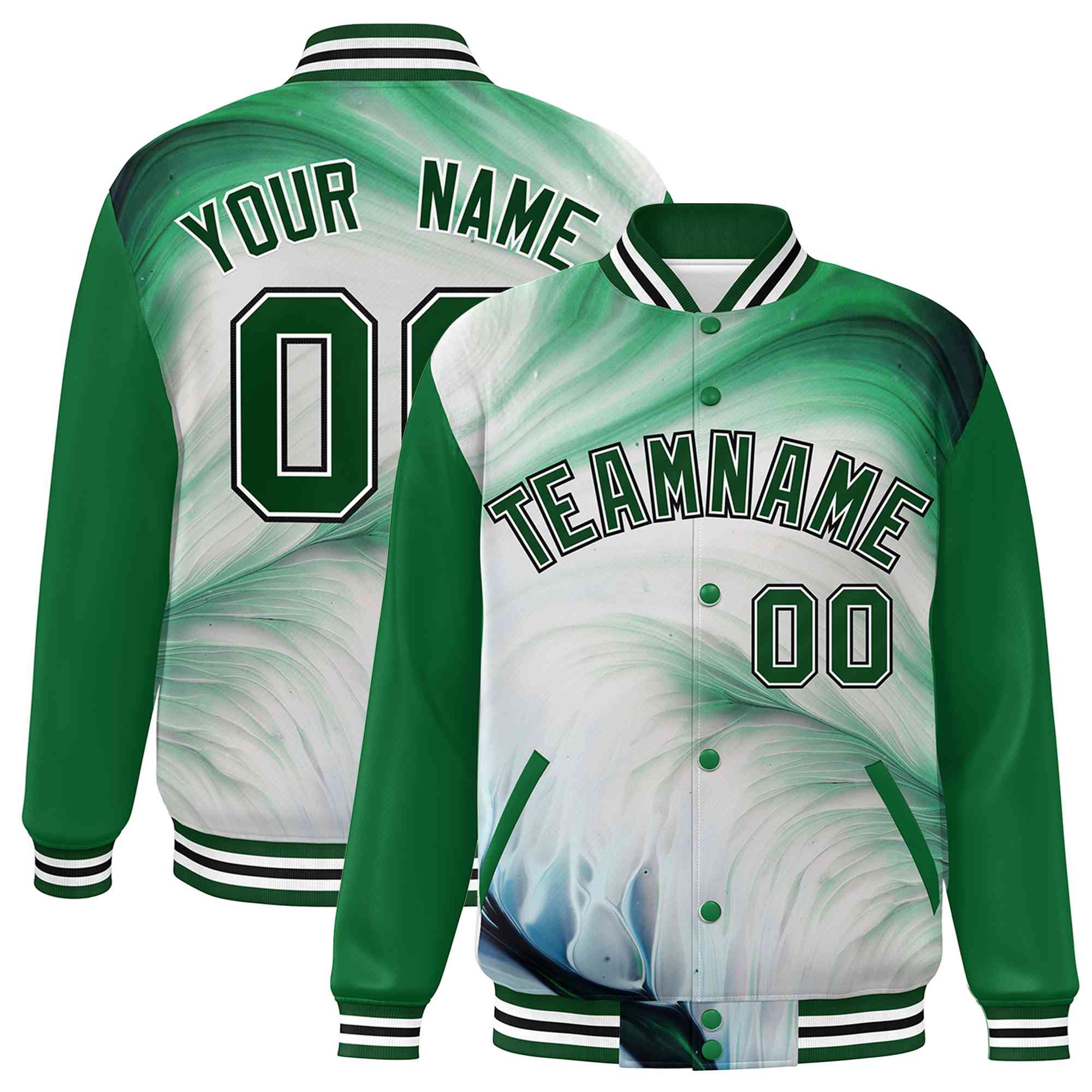 Custom Kelly Green Green-White Tie Dye Ink Paint Varsity Graffiti Pattern Letterman Jacket