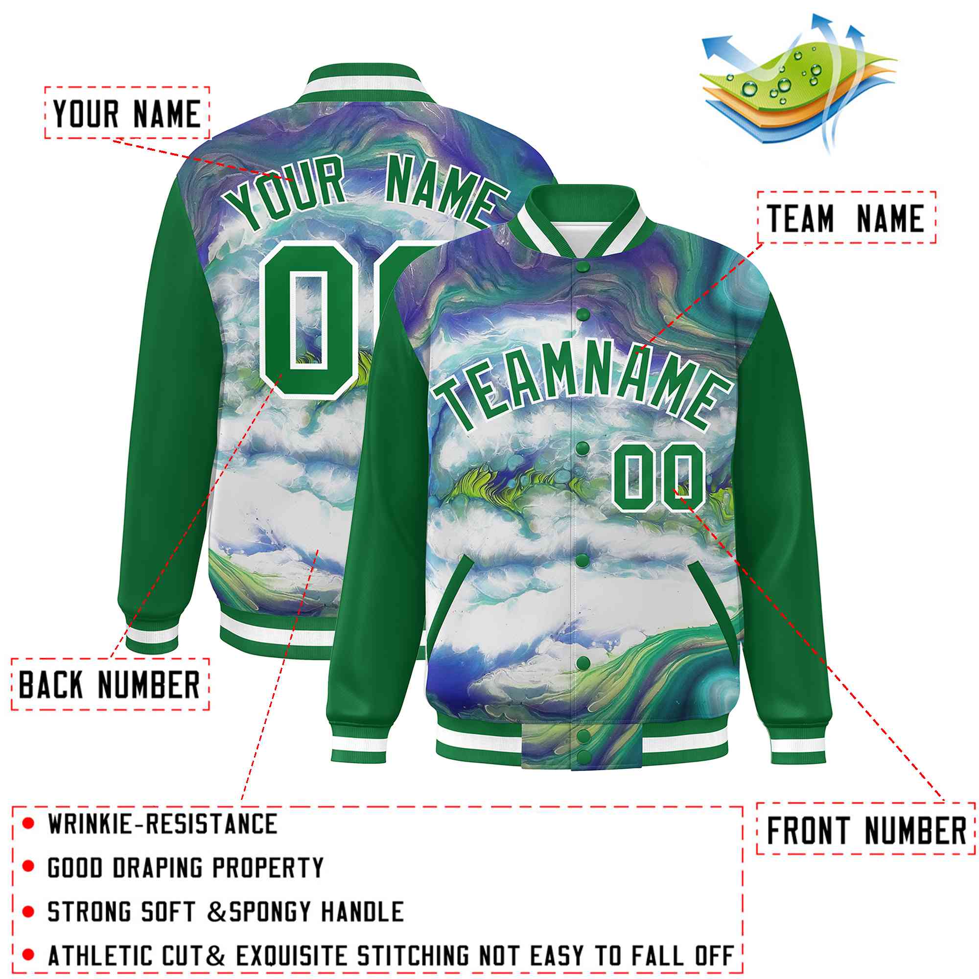 Custom Kelly Green White Tie Dye Ink Paint Varsity Graffiti Pattern Letterman Jacket