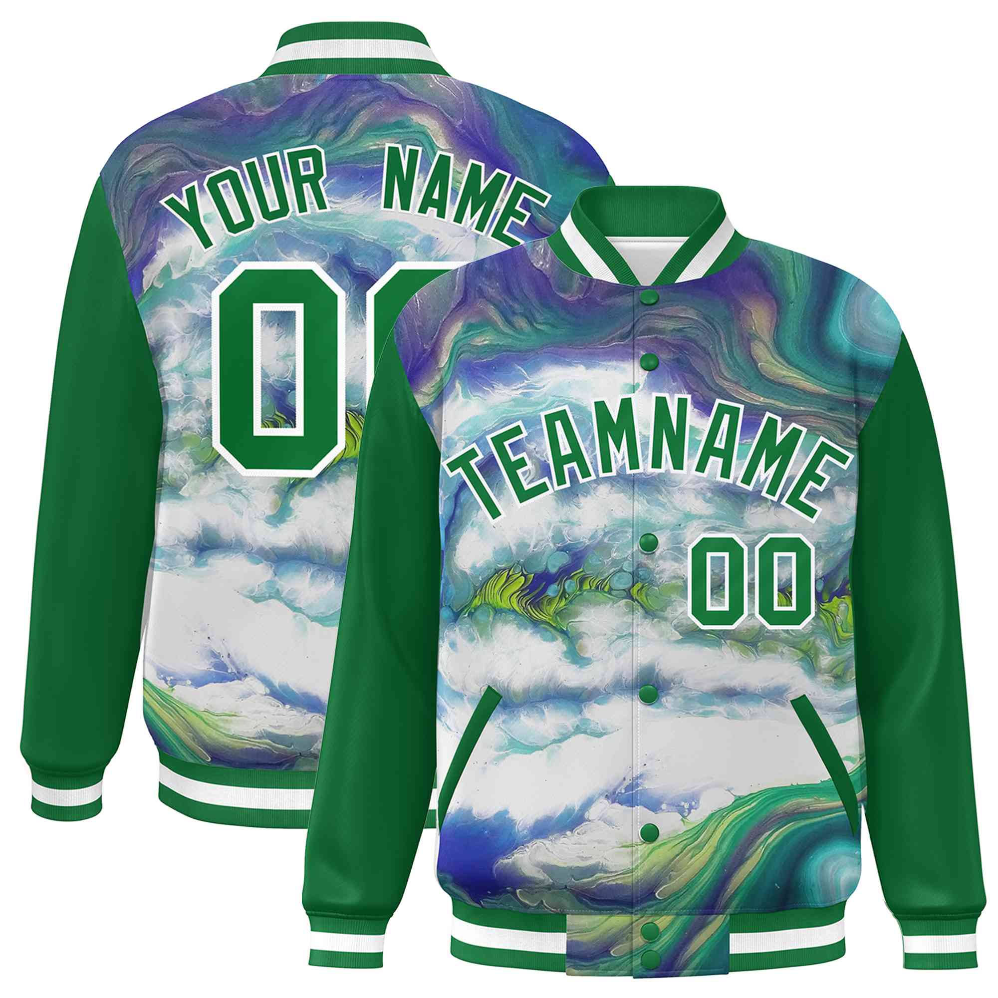 Custom Kelly Green White Tie Dye Ink Paint Varsity Graffiti Pattern Letterman Jacket