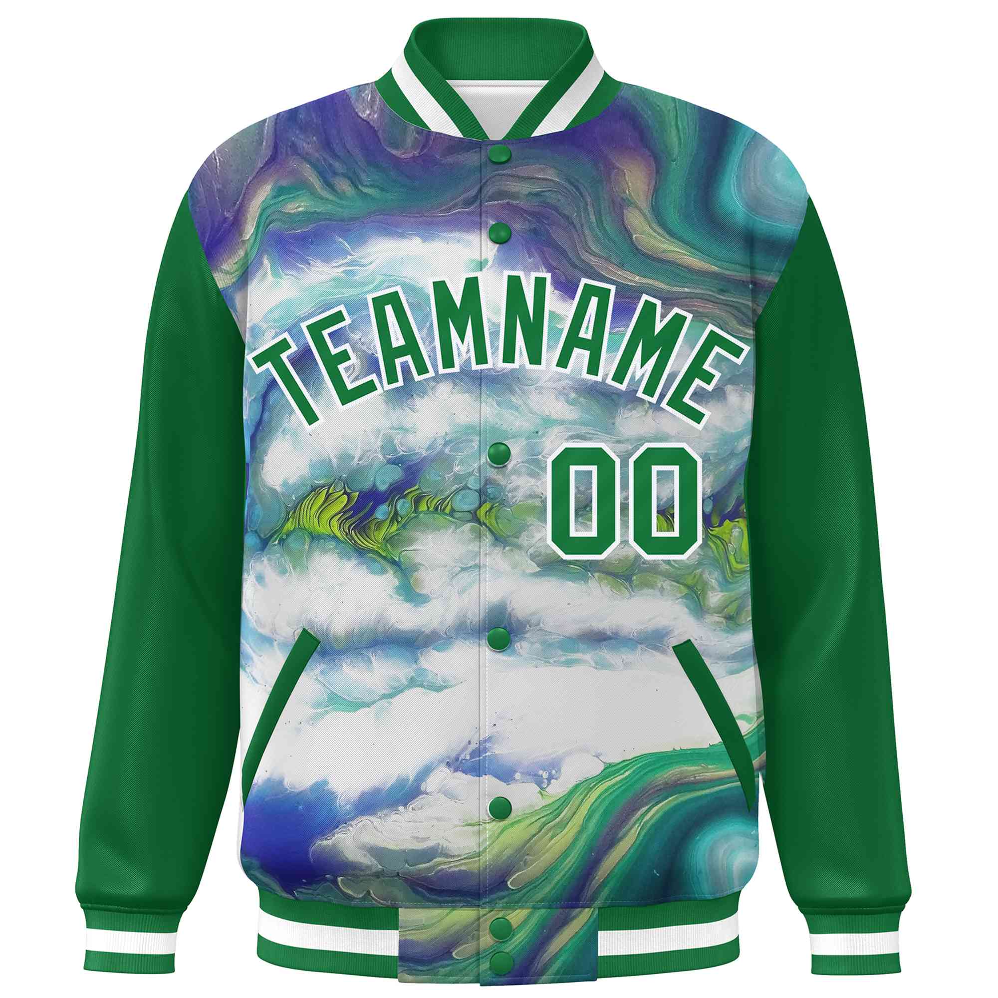 Custom Kelly Green White Tie Dye Ink Paint Varsity Graffiti Pattern Letterman Jacket