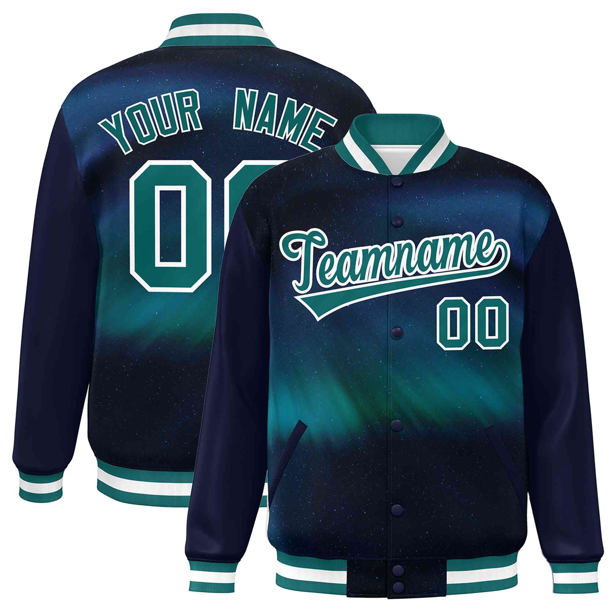 Custom Navy Aqua-White Tie Dye Ink Paint Varsity Graffiti Pattern Letterman Jacket