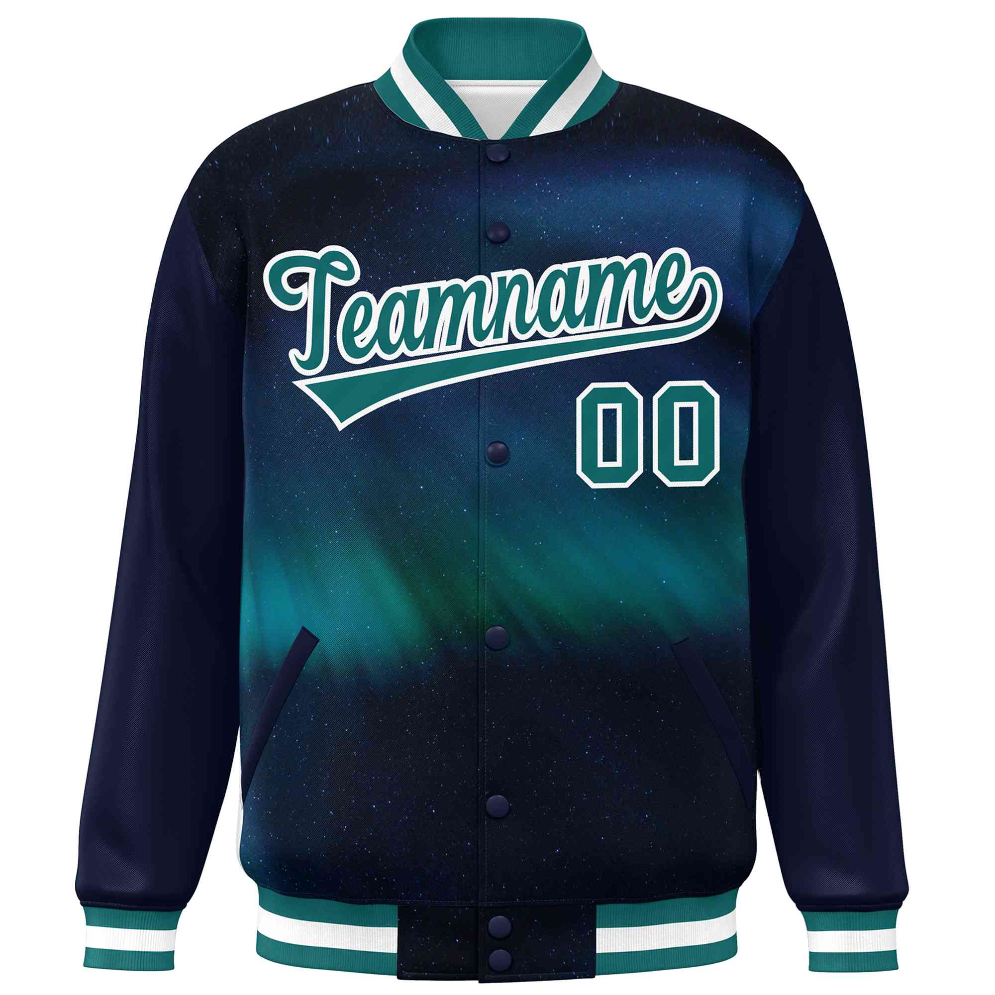 Custom Navy Aqua-White Tie Dye Ink Paint Varsity Graffiti Pattern Letterman Jacket