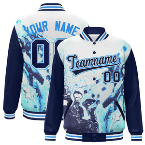 Custom Navy Royal-White Tie Dye Ink Paint Varsity Graffiti Pattern Letterman Jacket