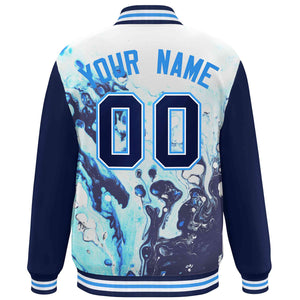 Custom Navy Royal-White Tie Dye Ink Paint Varsity Graffiti Pattern Letterman Jacket