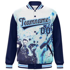 Custom Navy Royal-White Tie Dye Ink Paint Varsity Graffiti Pattern Letterman Jacket