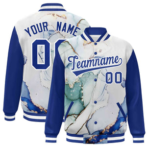 Custom Royal White Tie Dye Ink Paint Varsity Graffiti Pattern Letterman Jacket