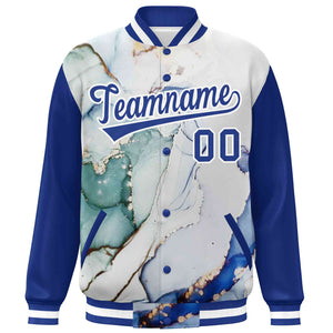 Custom Royal White Tie Dye Ink Paint Varsity Graffiti Pattern Letterman Jacket