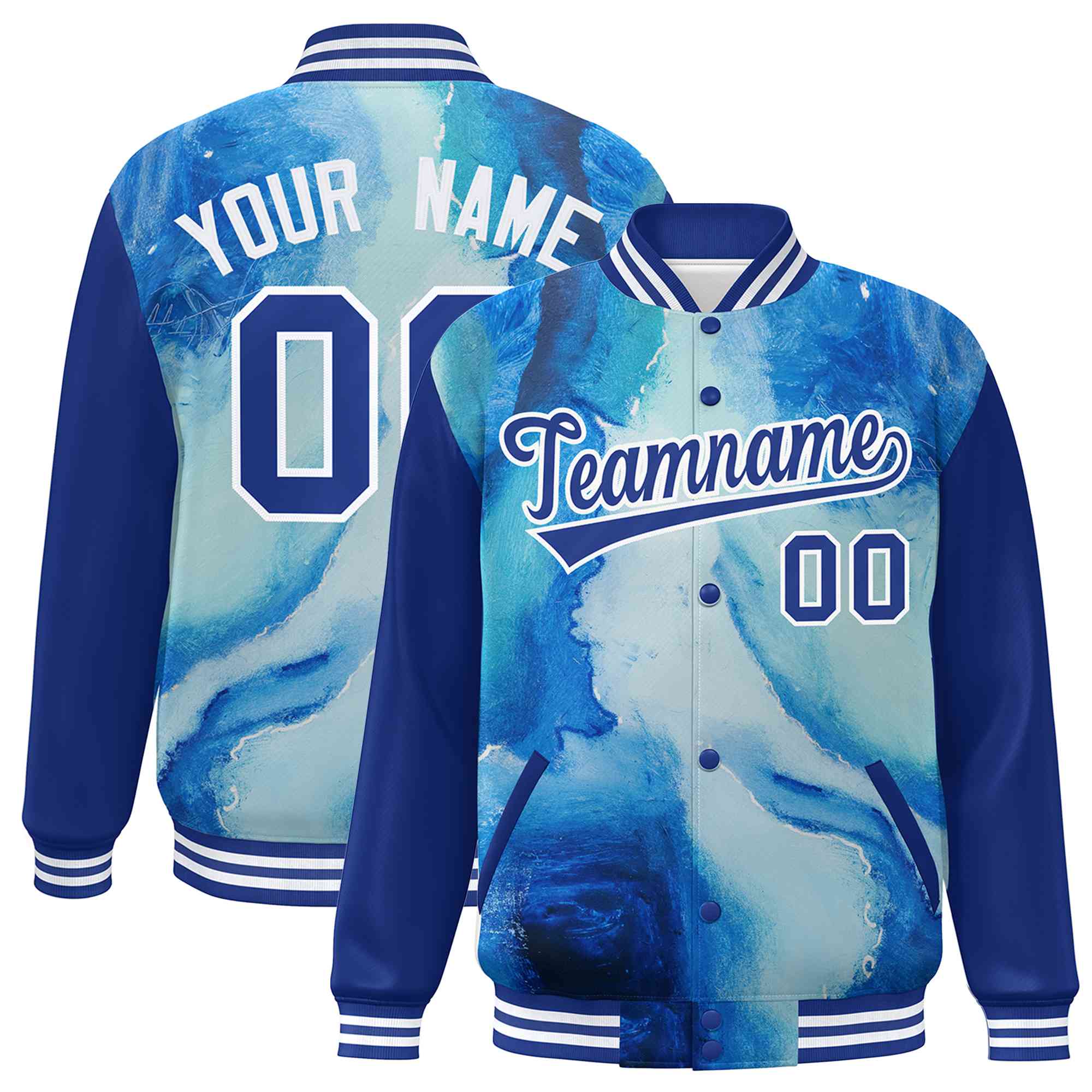 Custom Royal White Tie Dye Ink Paint Varsity Graffiti Pattern Letterman Jacket