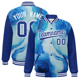 Custom Royal White Tie Dye Ink Paint Varsity Graffiti Pattern Letterman Jacket