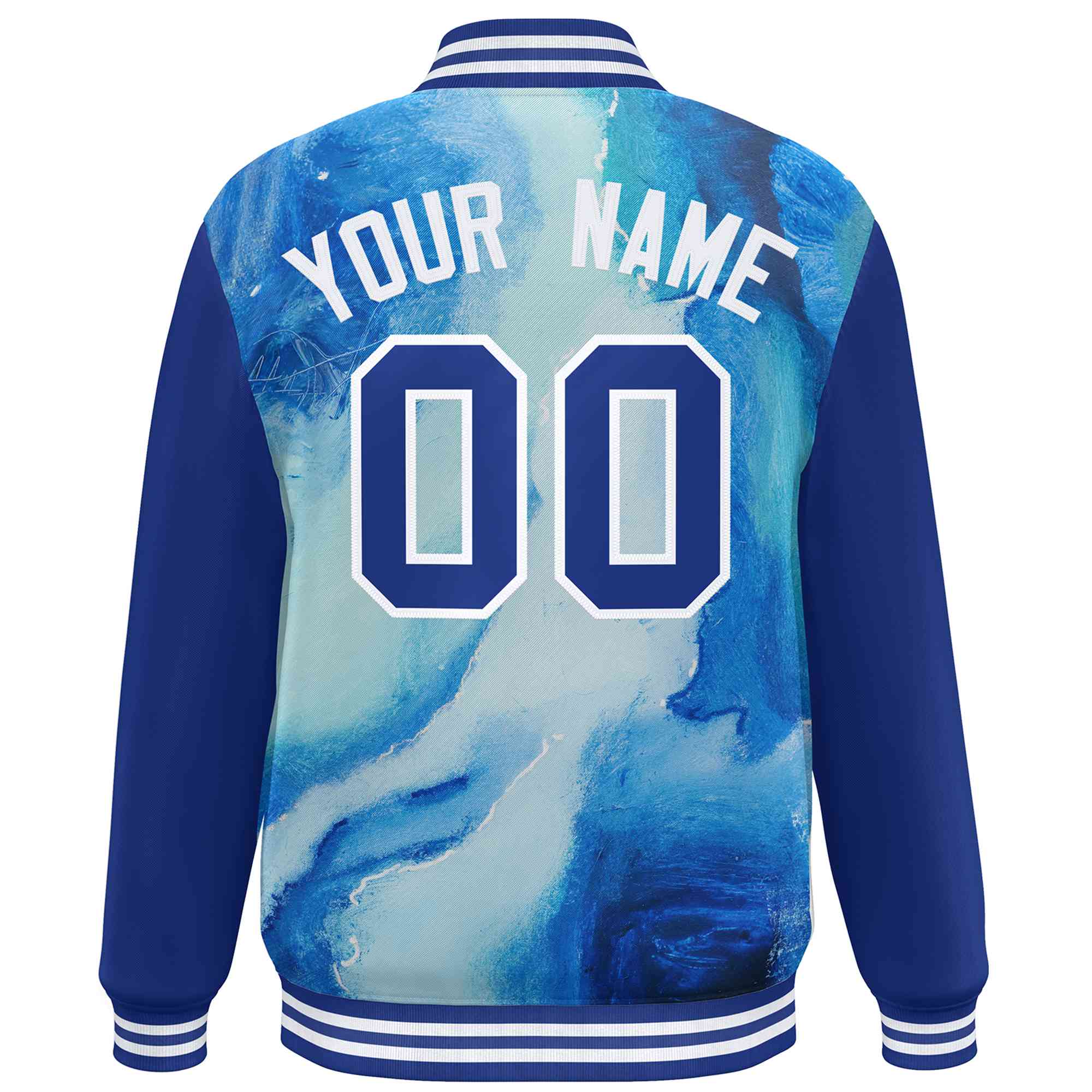 Custom Royal White Tie Dye Ink Paint Varsity Graffiti Pattern Letterman Jacket