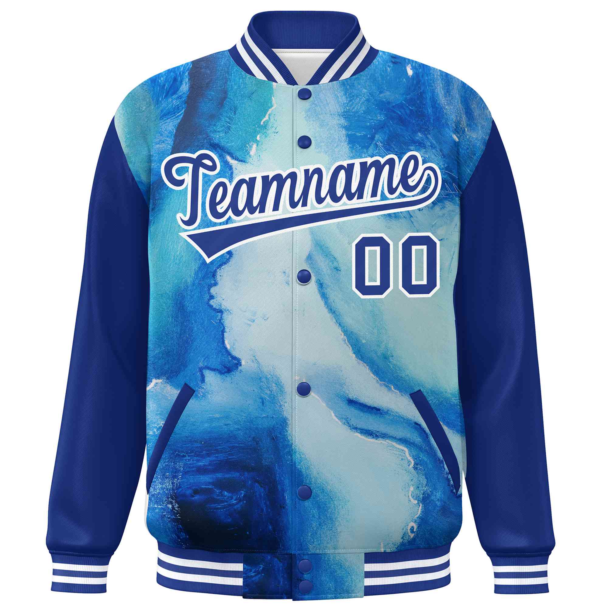 Custom Royal White Tie Dye Ink Paint Varsity Graffiti Pattern Letterman Jacket