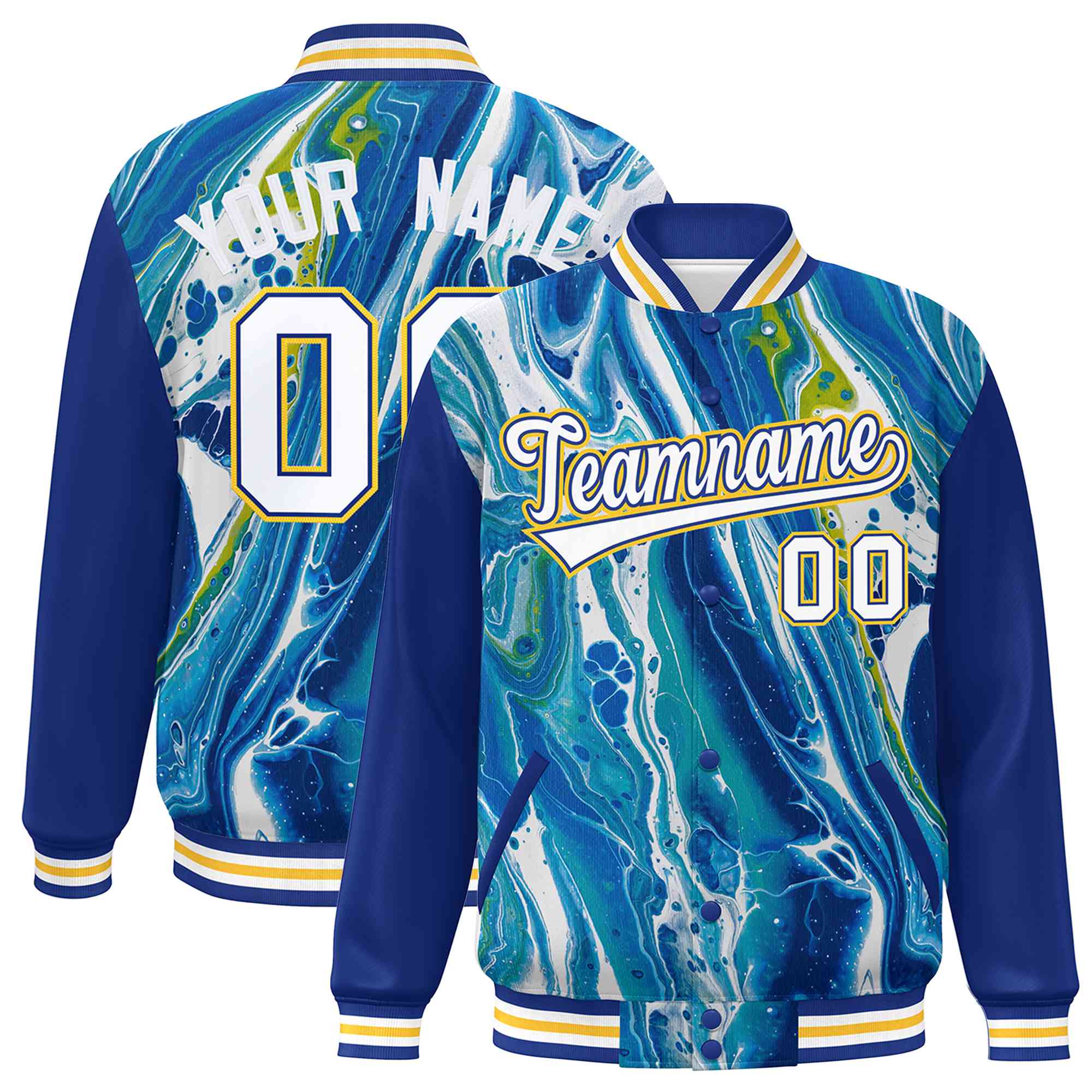 Custom Royal Gold-White Tie Dye Ink Paint Varsity Graffiti Pattern Letterman Jacket