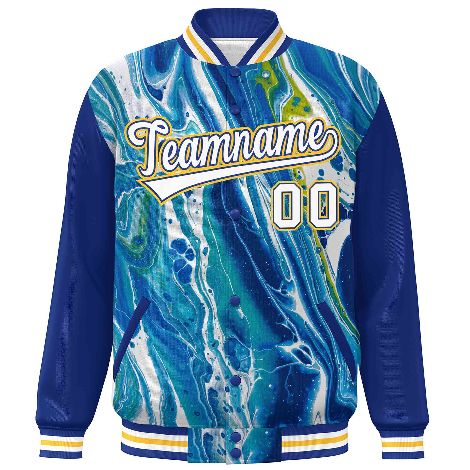 Custom Royal Gold-White Tie Dye Ink Paint Varsity Graffiti Pattern Letterman Jacket