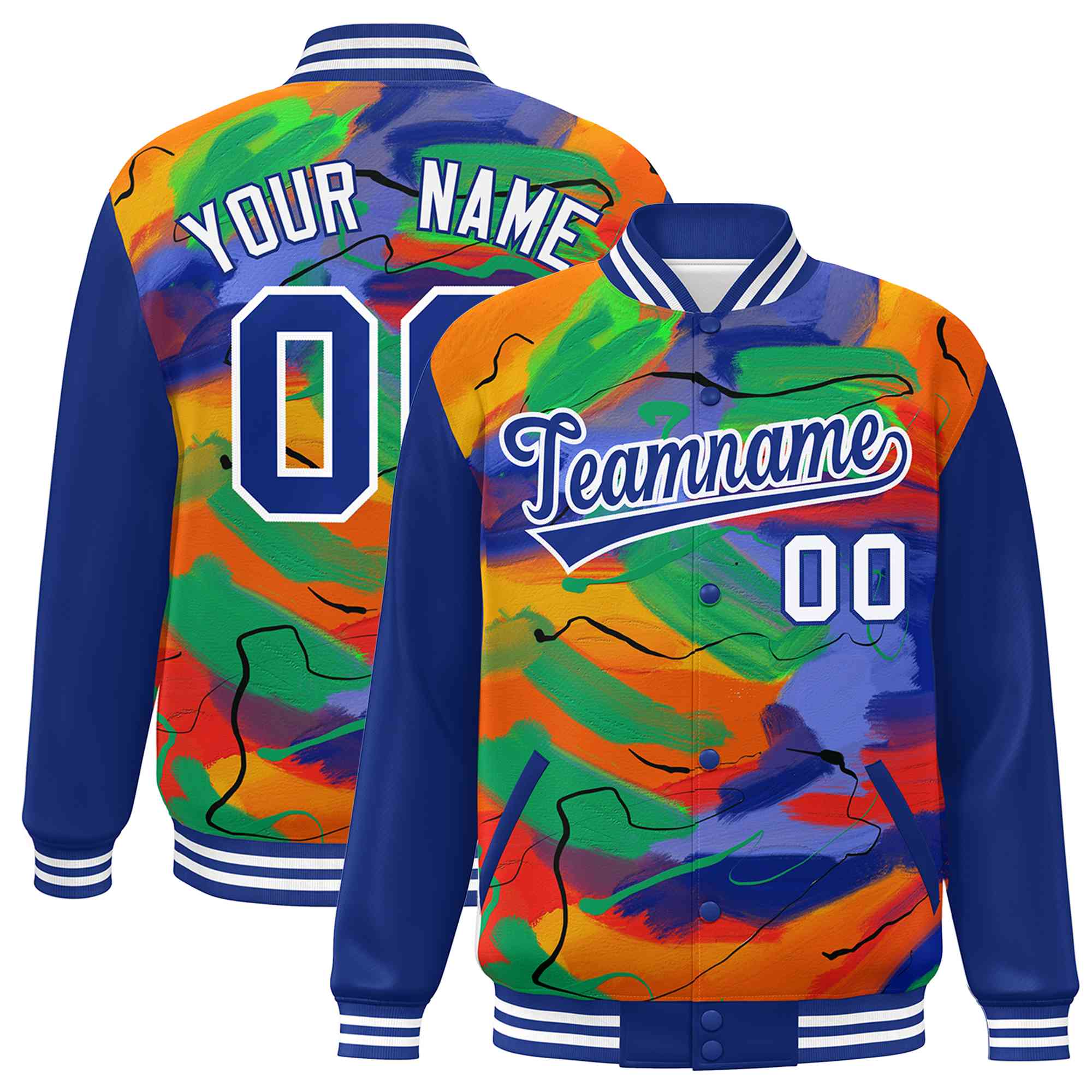 Custom Royal White Tie Dye Ink Paint Varsity Graffiti Pattern Letterman Jacket