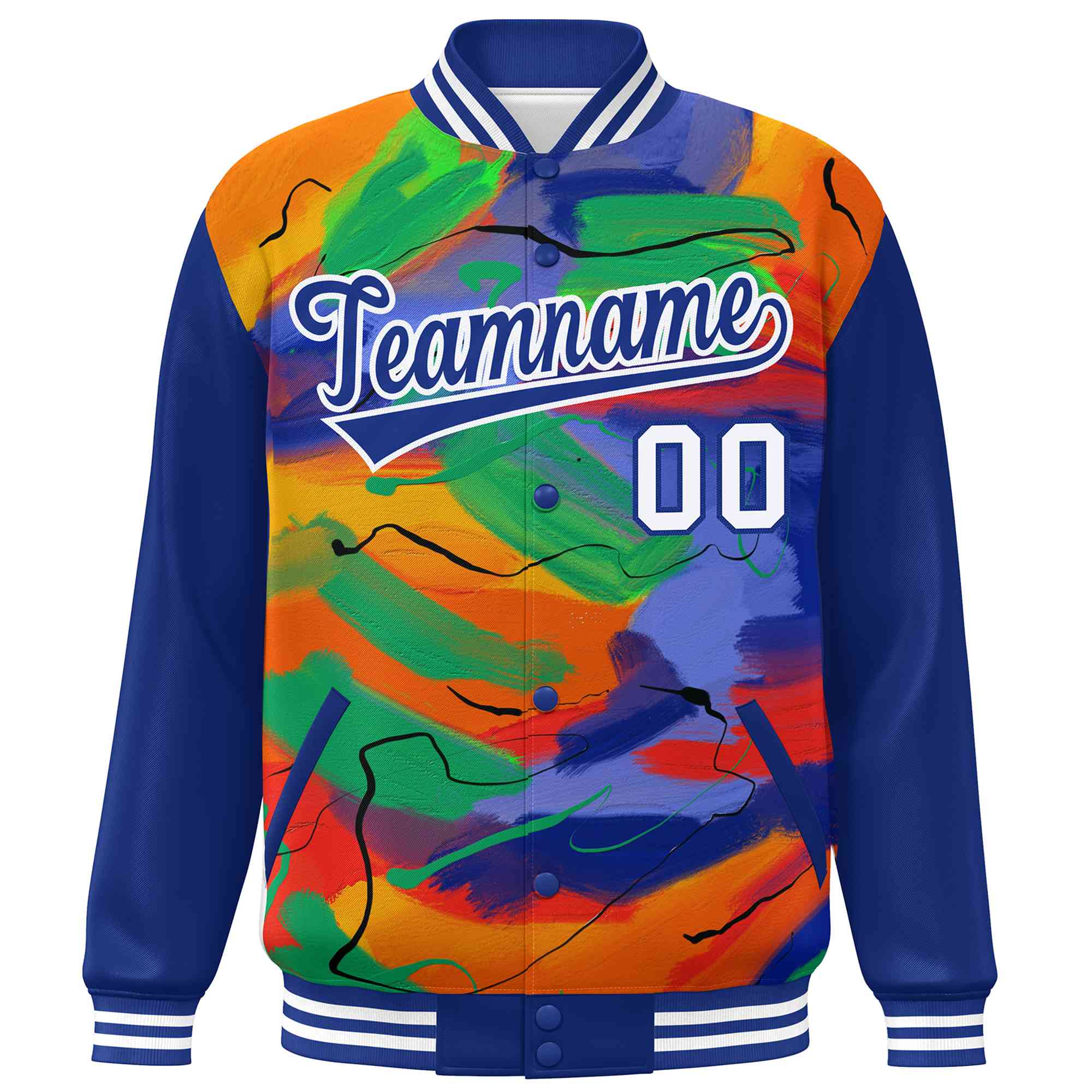 Custom Royal White Tie Dye Ink Paint Varsity Graffiti Pattern Letterman Jacket