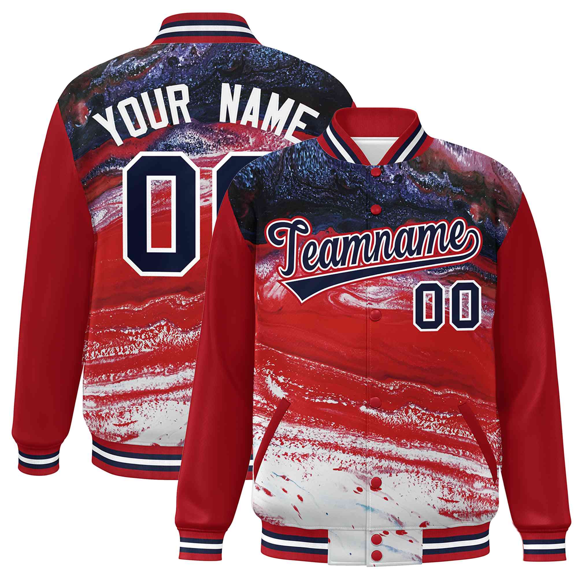 Custom Red Navy-White Tie Dye Ink Paint Varsity Graffiti Pattern Letterman Jacket