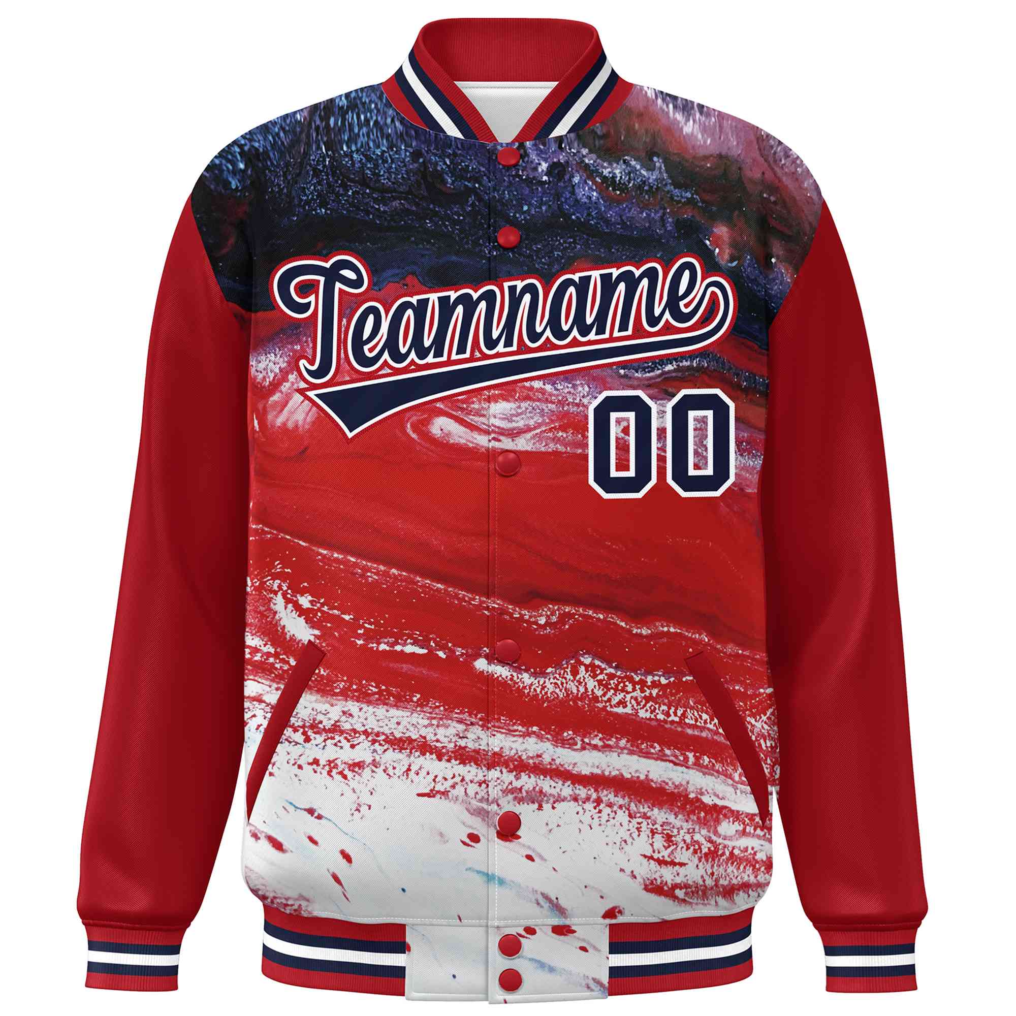 Custom Red Navy-White Tie Dye Ink Paint Varsity Graffiti Pattern Letterman Jacket