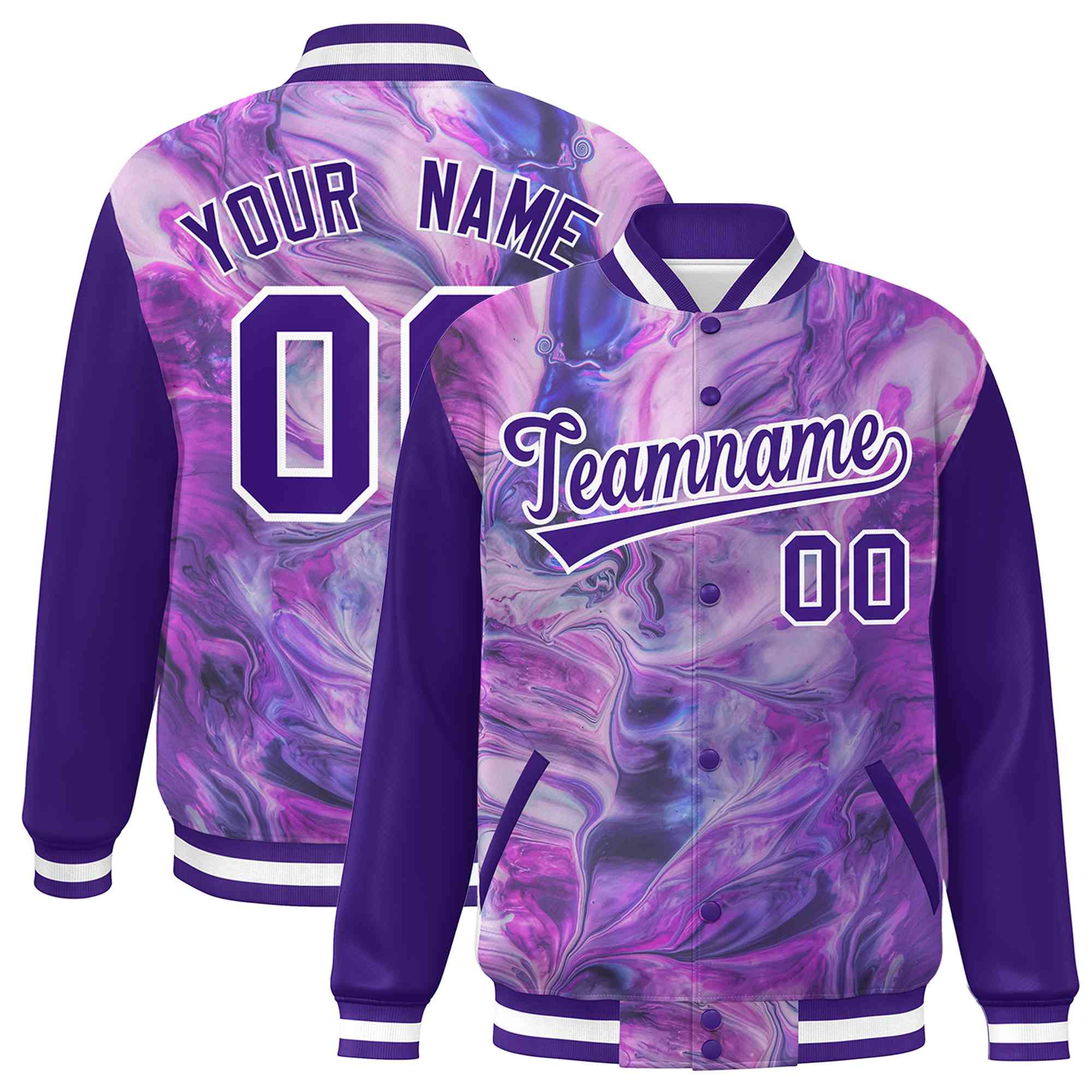 Custom Purple White Tie Dye Ink Paint Varsity Graffiti Pattern Letterman Jacket