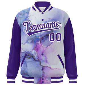 Custom Purple White Tie Dye Ink Paint Varsity Graffiti Pattern Letterman Jacket