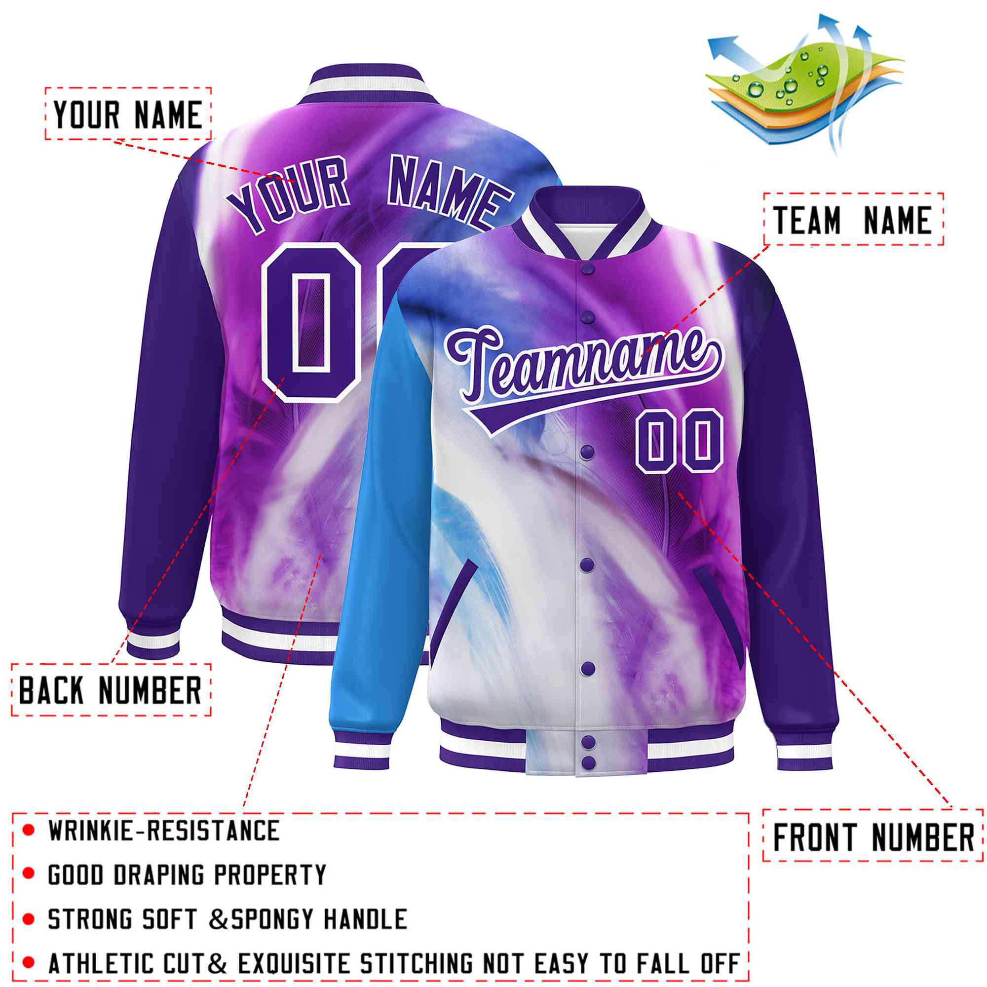 Custom Purple White Tie Dye Ink Paint Varsity Graffiti Pattern Letterman Jacket