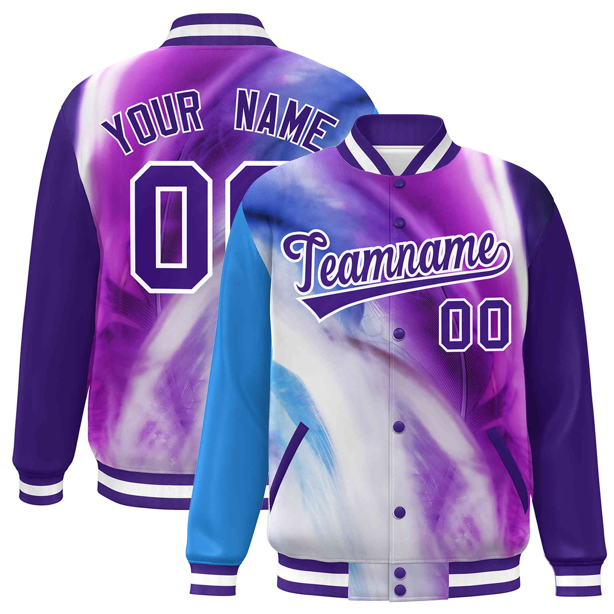 Custom Purple White Tie Dye Ink Paint Varsity Graffiti Pattern Letterman Jacket