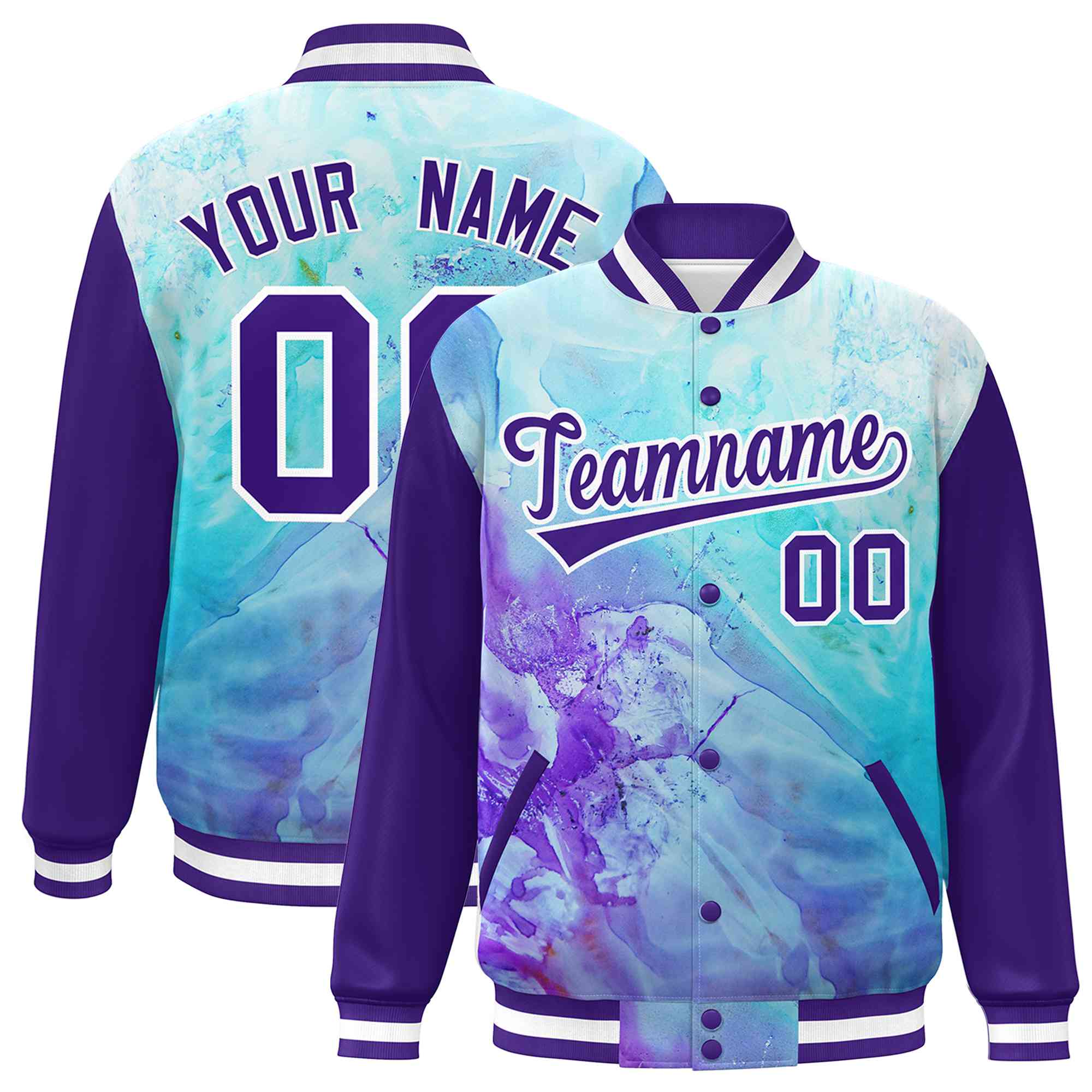 Custom Purple White Tie Dye Ink Paint Varsity Graffiti Pattern Letterman Jacket