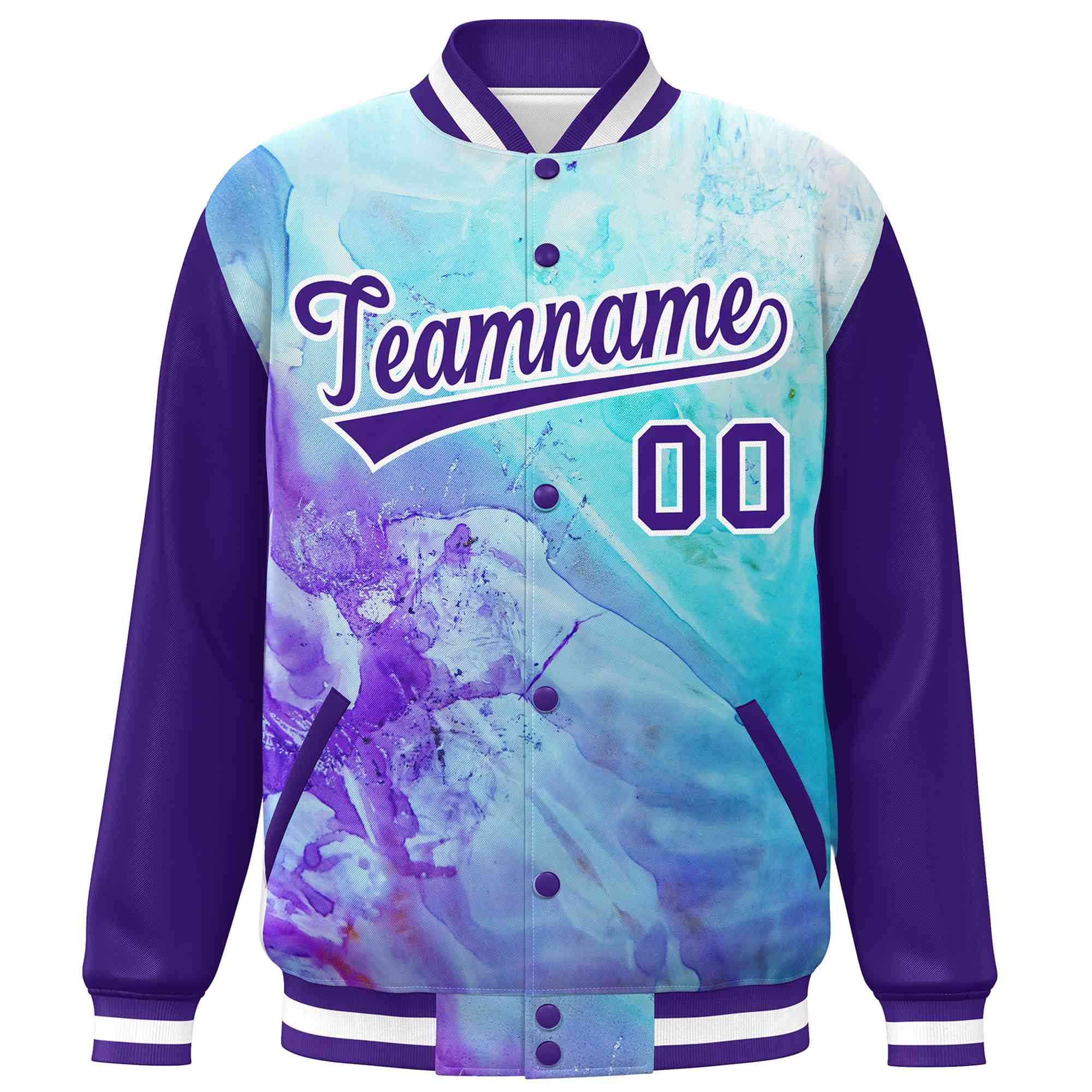 Custom Purple White Tie Dye Ink Paint Varsity Graffiti Pattern Letterman Jacket