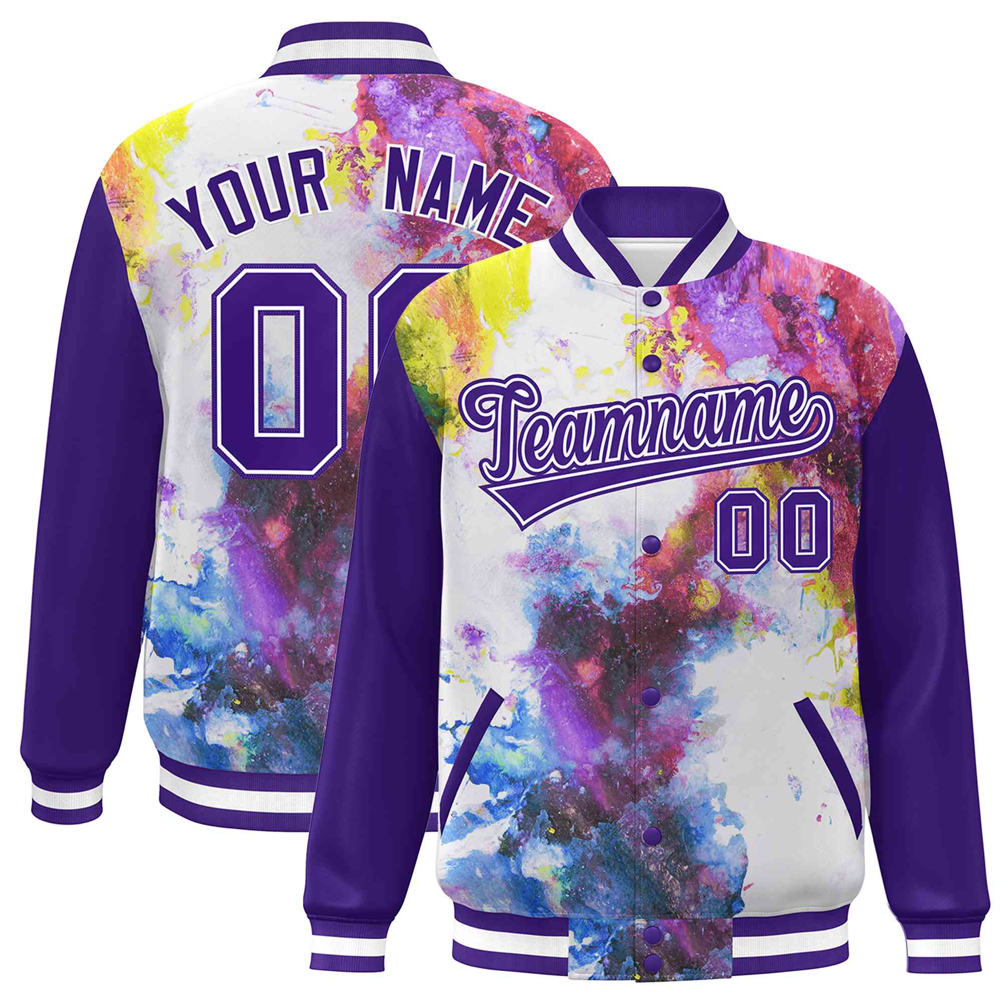 Custom Purple White Tie Dye Ink Paint Varsity Graffiti Pattern Letterman Jacket