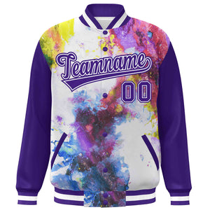 Custom Purple White Tie Dye Ink Paint Varsity Graffiti Pattern Letterman Jacket