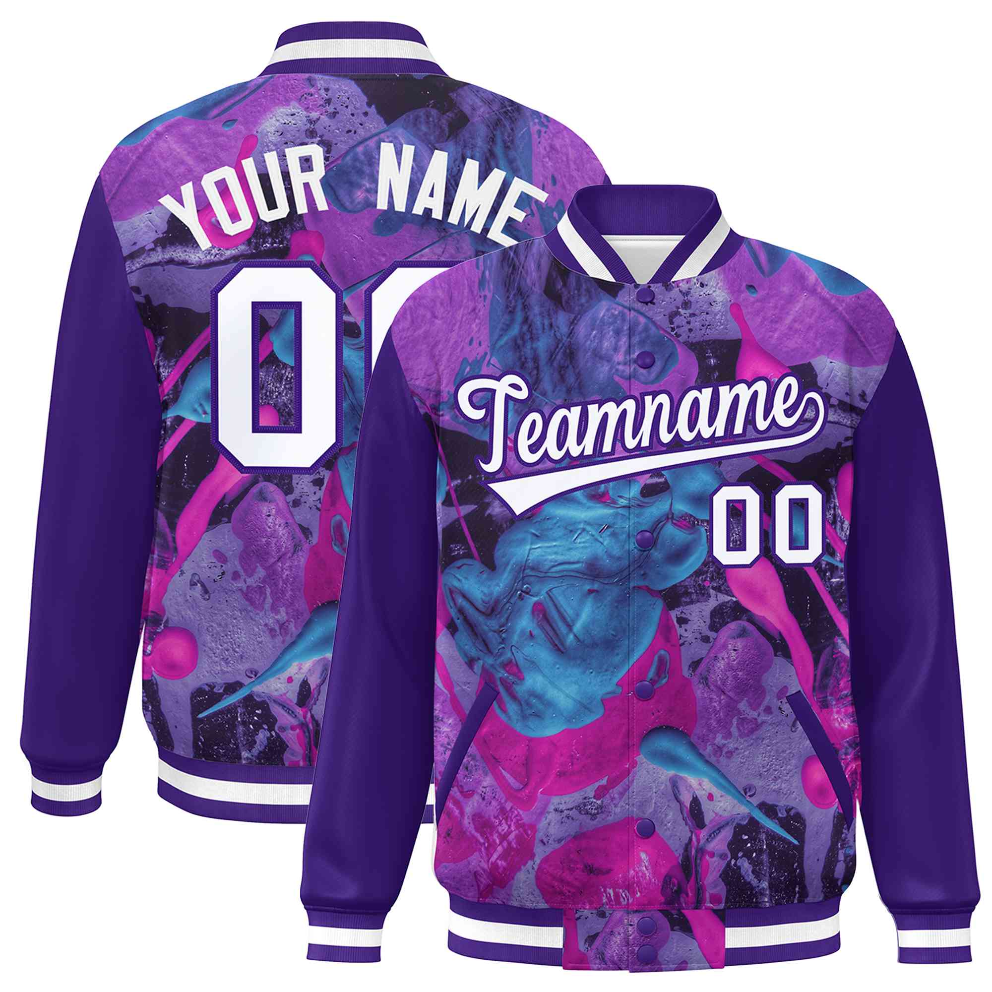 Custom Purple White Tie Dye Ink Paint Varsity Graffiti Pattern Letterman Jacket