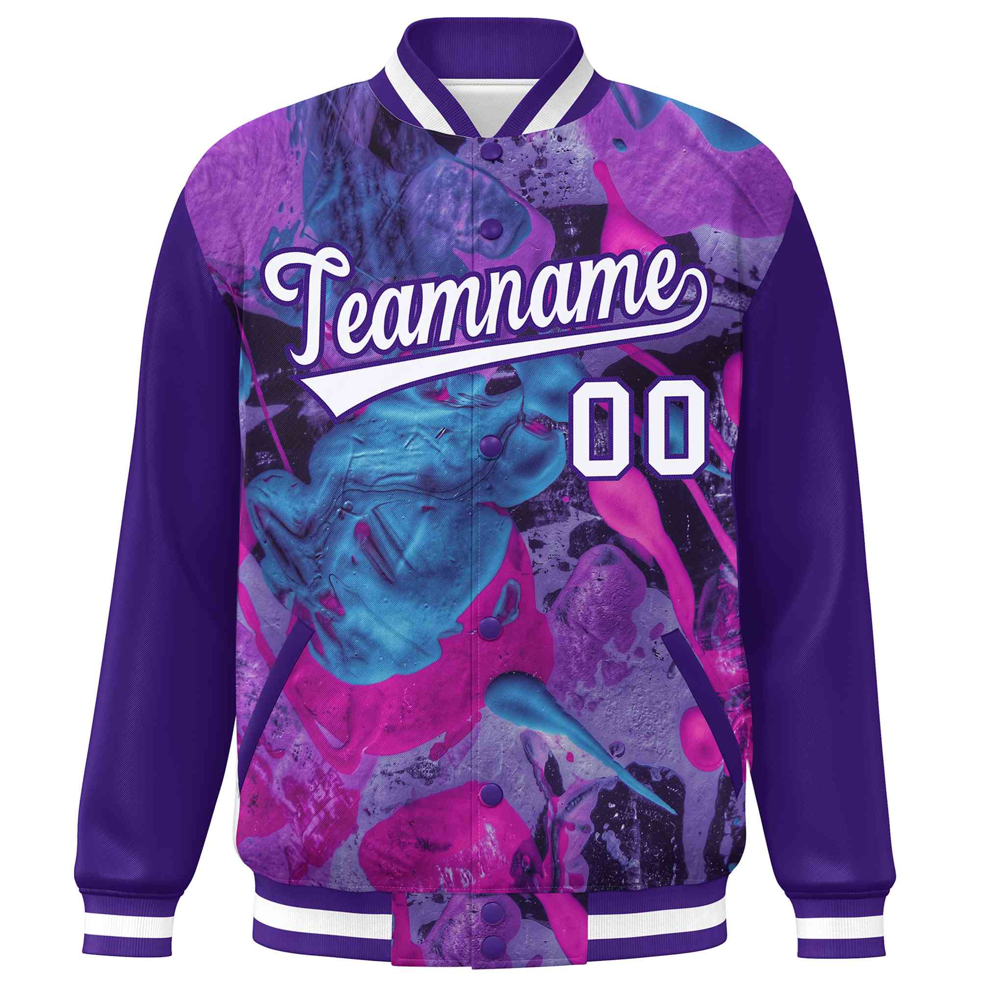 Custom Purple White Tie Dye Ink Paint Varsity Graffiti Pattern Letterman Jacket