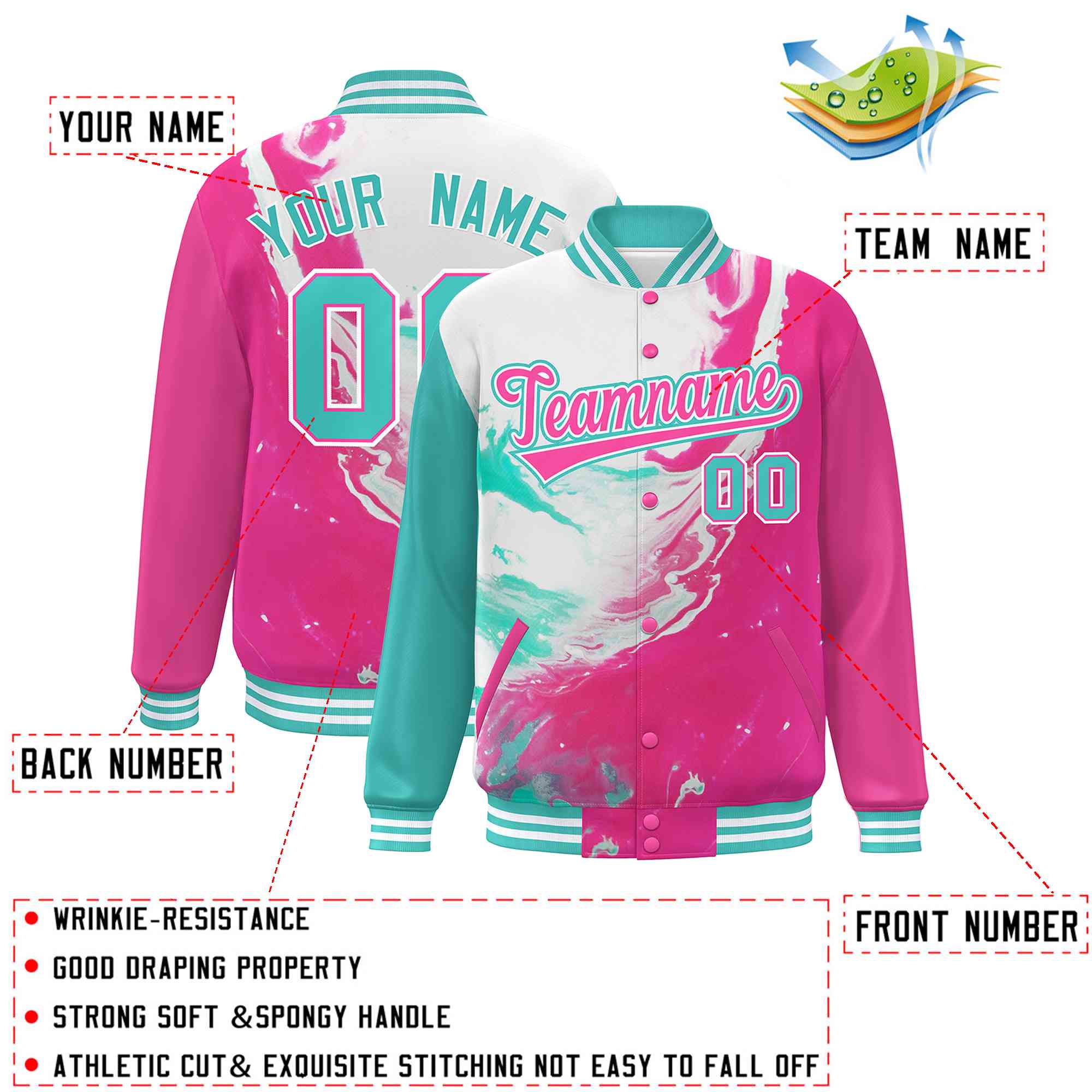 Custom Pink Aqua-White Tie Dye Ink Paint Varsity Graffiti Pattern Letterman Jacket