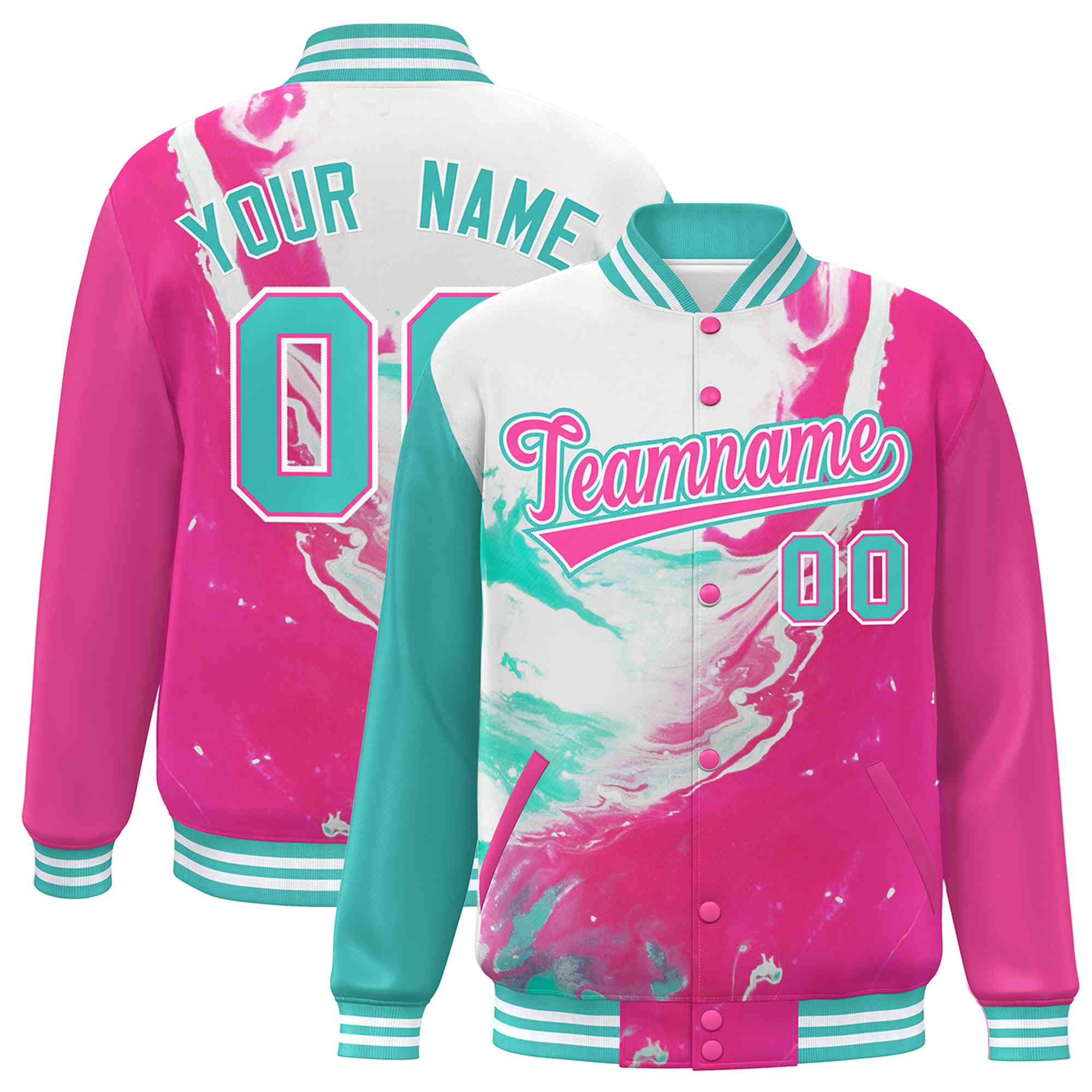 Custom Pink Aqua-White Tie Dye Ink Paint Varsity Graffiti Pattern Letterman Jacket