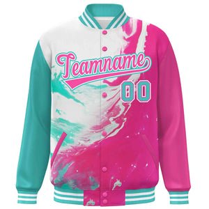 Custom Pink Aqua-White Tie Dye Ink Paint Varsity Graffiti Pattern Letterman Jacket