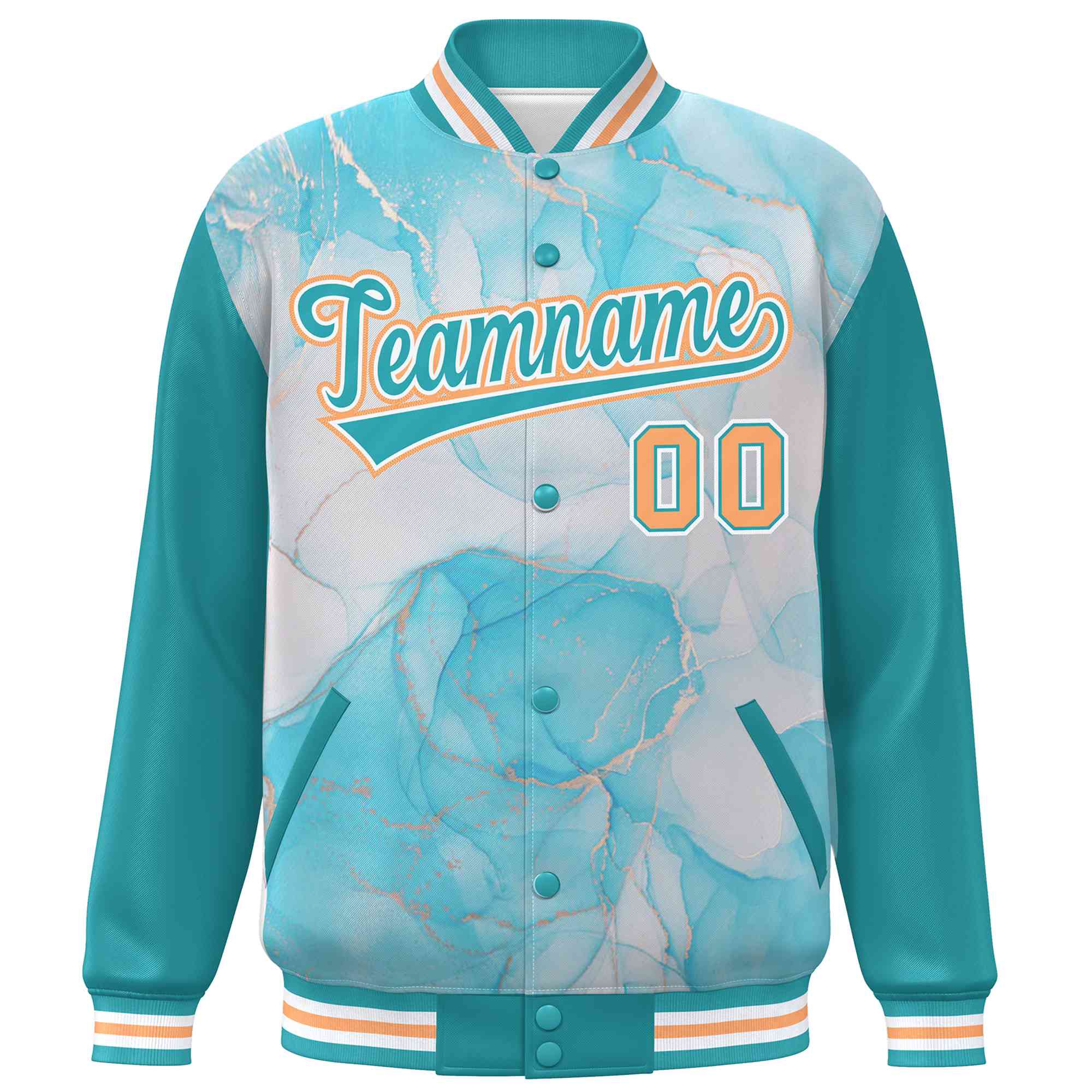 Custom Aqua Orange-White Tie Dye Ink Paint Varsity Graffiti Pattern Letterman Jacket