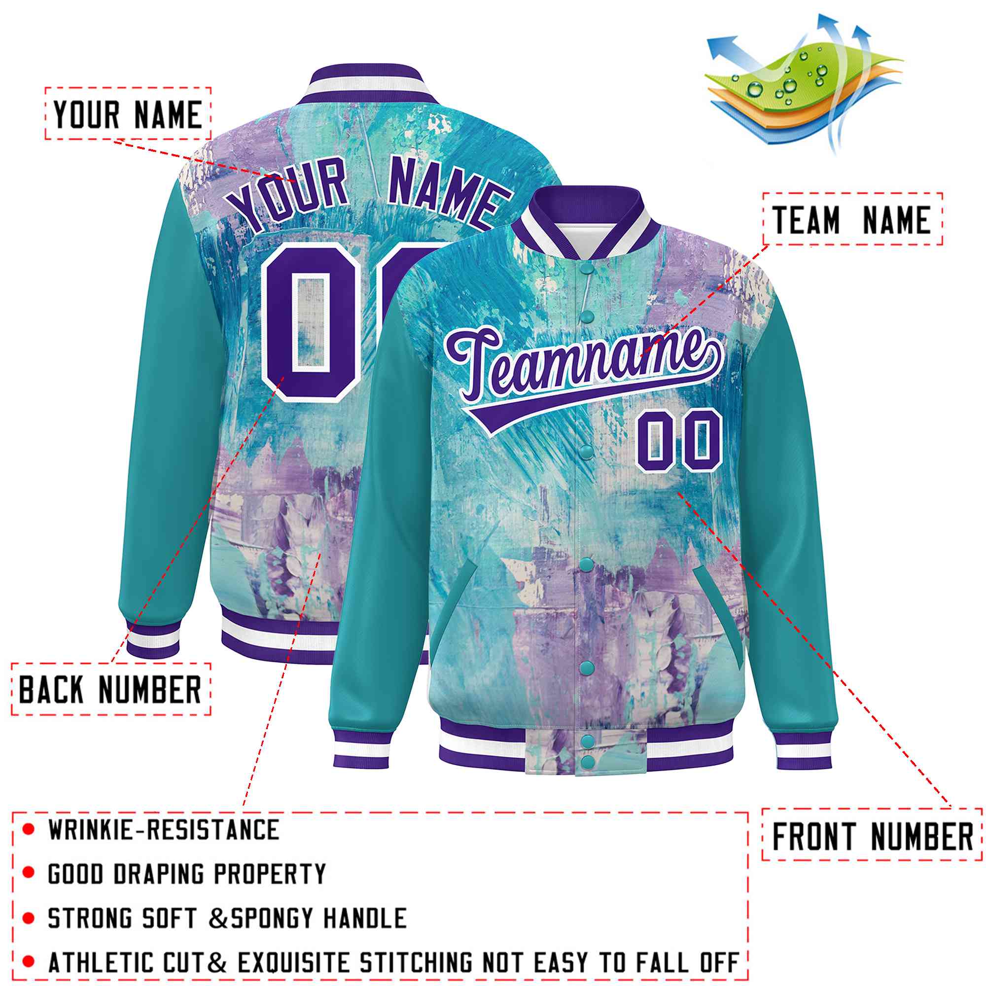 Custom Aqua Purple-White Tie Dye Ink Paint Varsity Graffiti Pattern Letterman Jacket