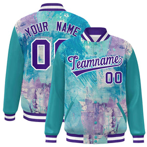 Custom Aqua Purple-White Tie Dye Ink Paint Varsity Graffiti Pattern Letterman Jacket