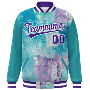 Custom Aqua Purple-White Tie Dye Ink Paint Varsity Graffiti Pattern Letterman Jacket