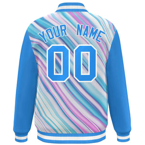 Custom Powder Blue White Tie Dye Ink Paint Varsity Graffiti Pattern Letterman Jacket