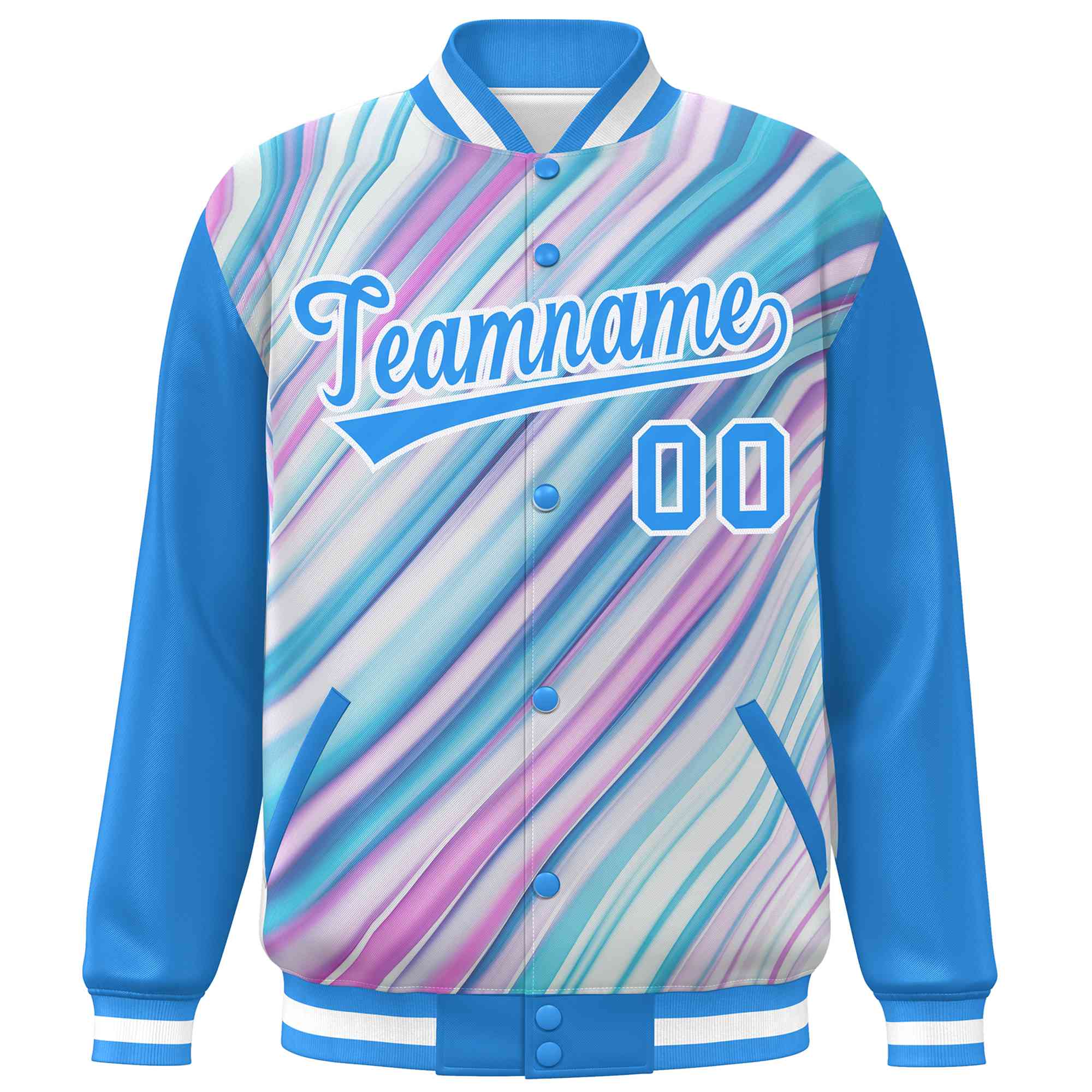 Custom Powder Blue White Tie Dye Ink Paint Varsity Graffiti Pattern Letterman Jacket