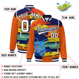 Custom Orange Navy-White Tie Dye Ink Paint Varsity Graffiti Pattern Letterman Jacket