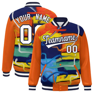 Custom Orange Navy-White Tie Dye Ink Paint Varsity Graffiti Pattern Letterman Jacket