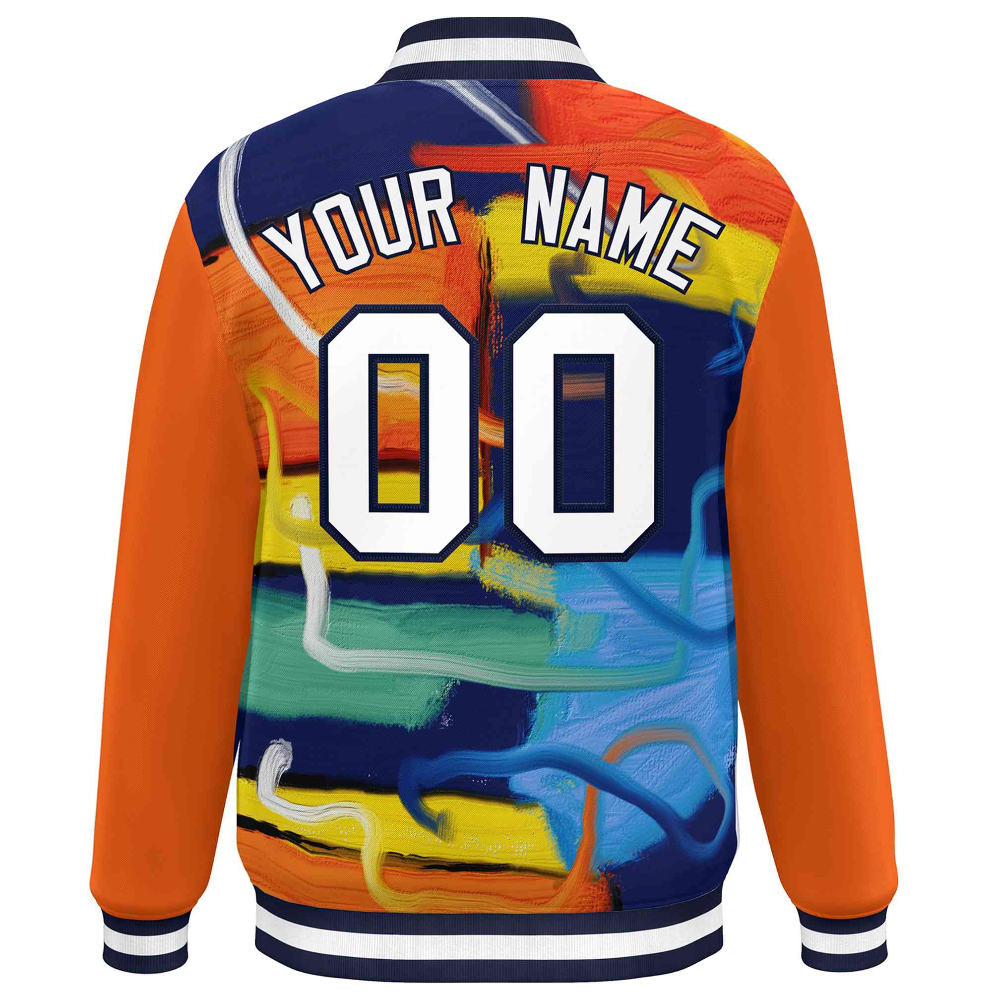 Custom Orange Navy-White Tie Dye Ink Paint Varsity Graffiti Pattern Letterman Jacket